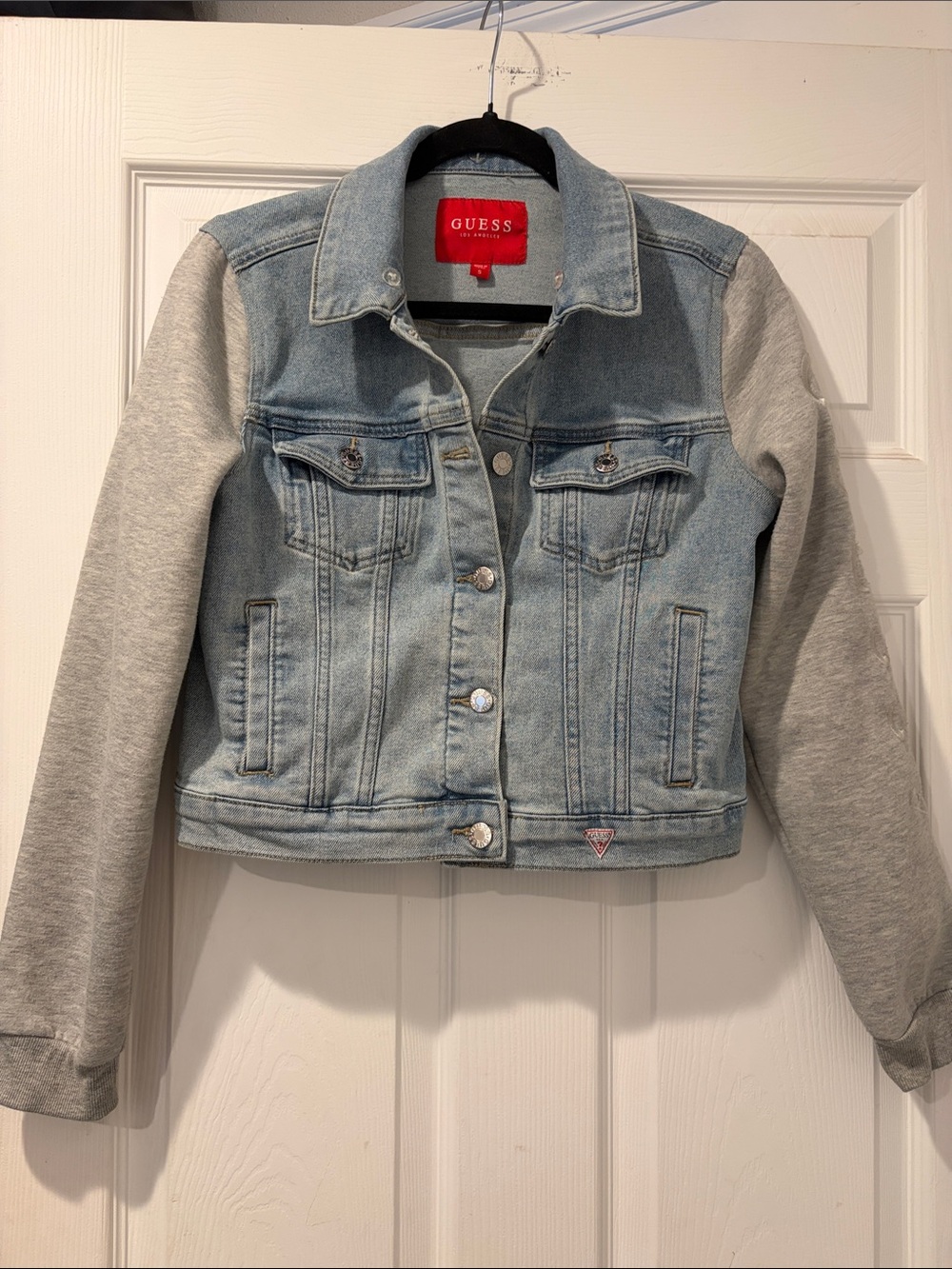 GUESS Light Wash Denim Jacket with Gray Knit Sleeves